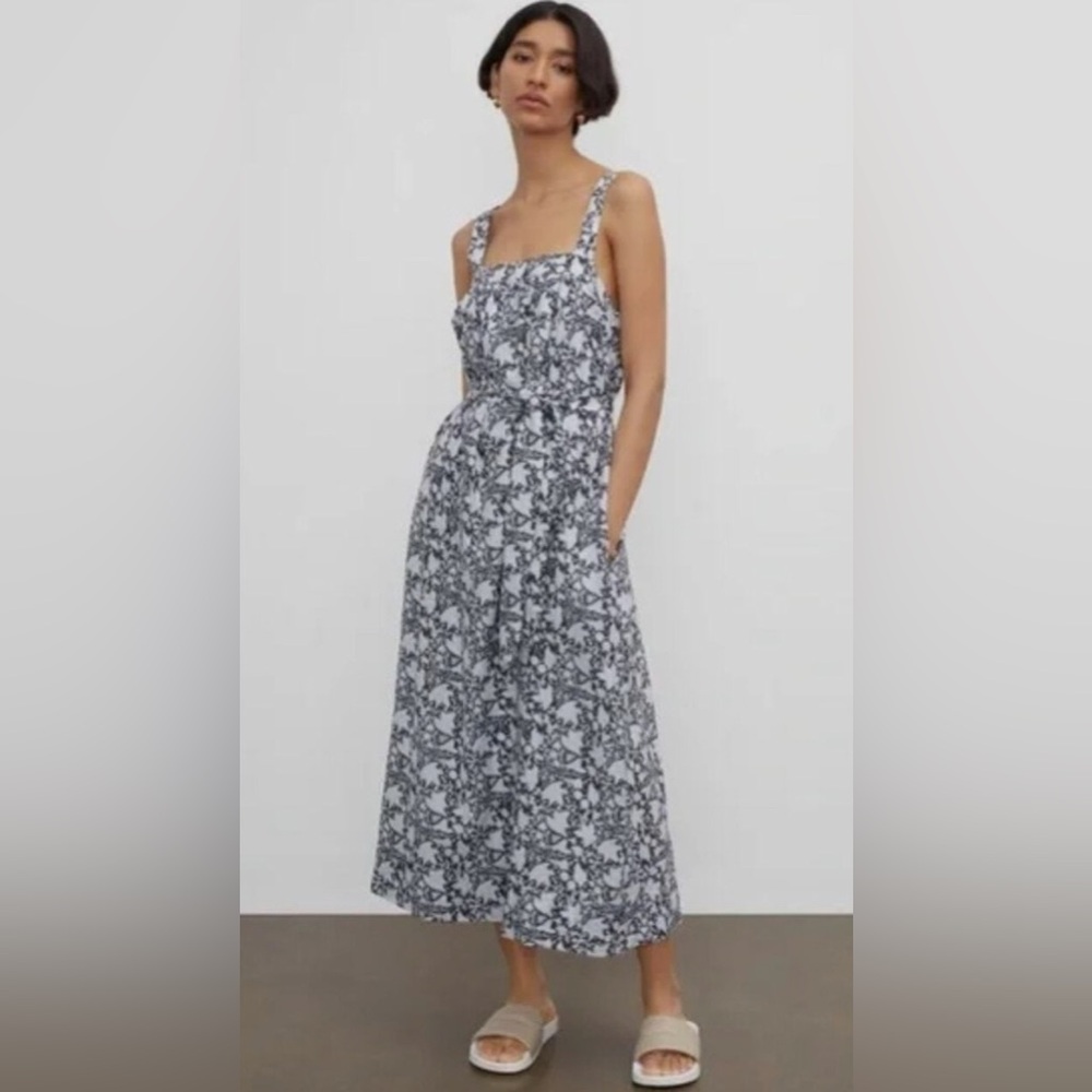 Club Monaco City To Beach Dress Blue Printed Cotton Silk Blend Dress Pockets 12